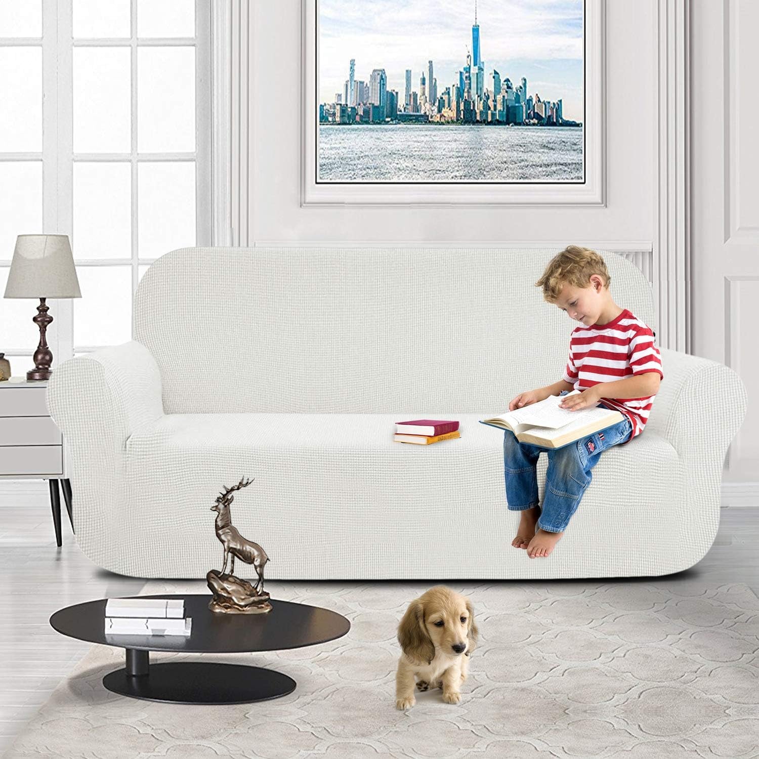 Stretch Sofa Cover Water-Repellent Couch Covers Dog Cat Pet Proof Couch Slipcovers Protectors (Sofa, White)