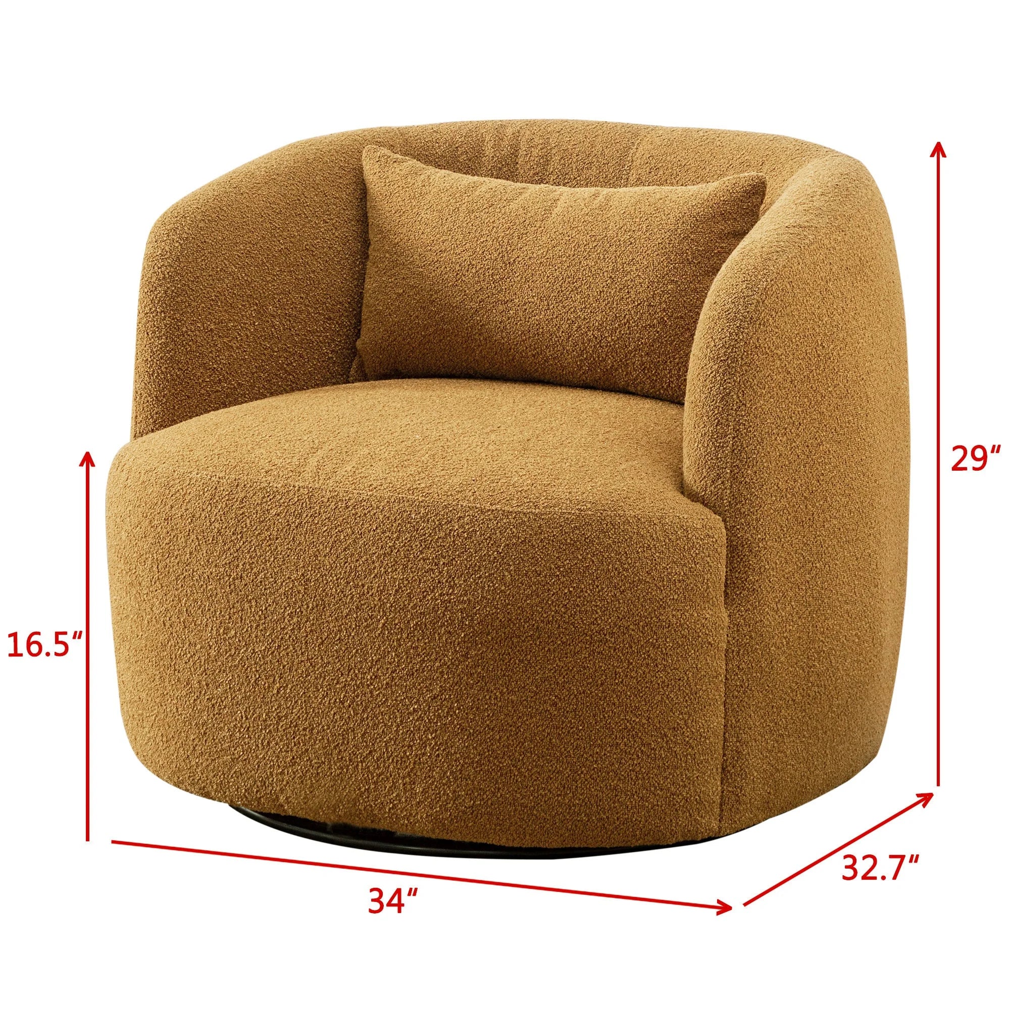 34" Wide Boucle Swivel Barrel Chair, No Assembly round Upholstered Armchair Accent Chair Single Sofa Chair with Toss Pillow for Living Room and Bedroom, Brown