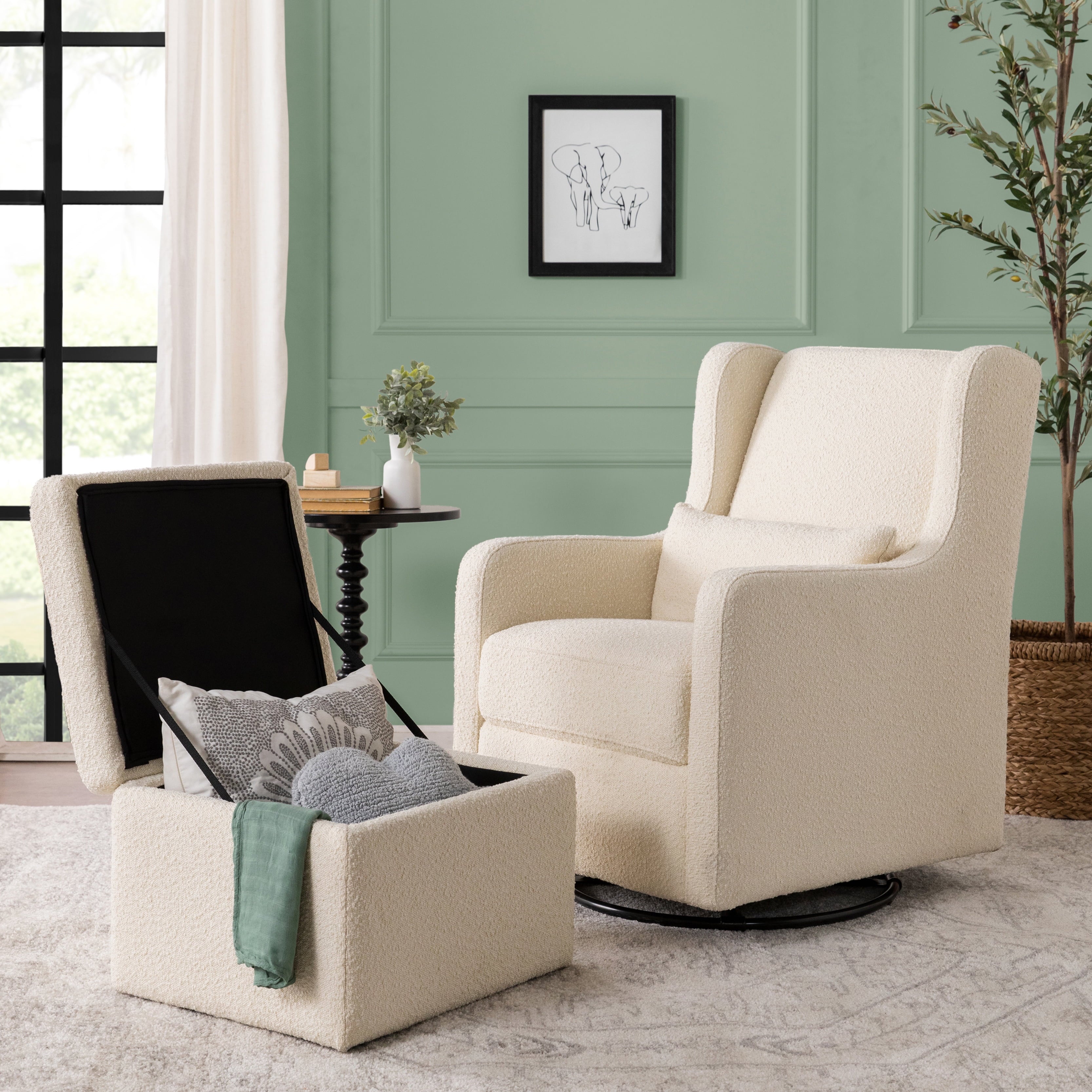 Adrian Swivel Glider with Storage Ottoman in Ivory Boucle