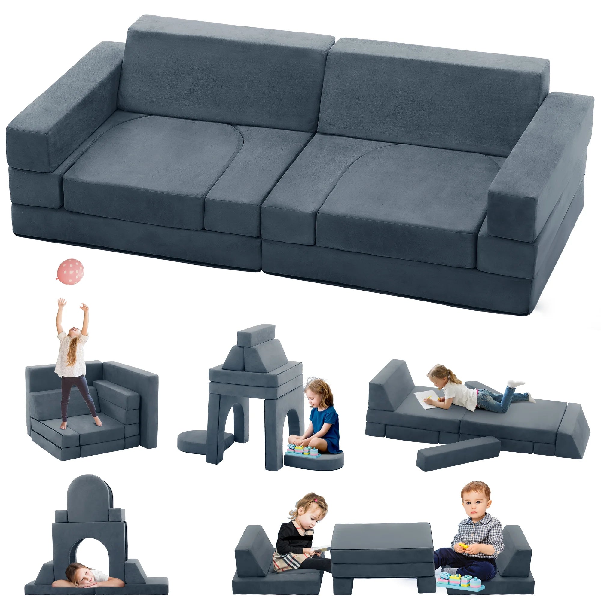 Kids Sofa Couch 9-Pieces, Multifunctional Play Couch Sofa for Kids, Modular Toddler Couch for Playroom, Gift for Kids, Gray