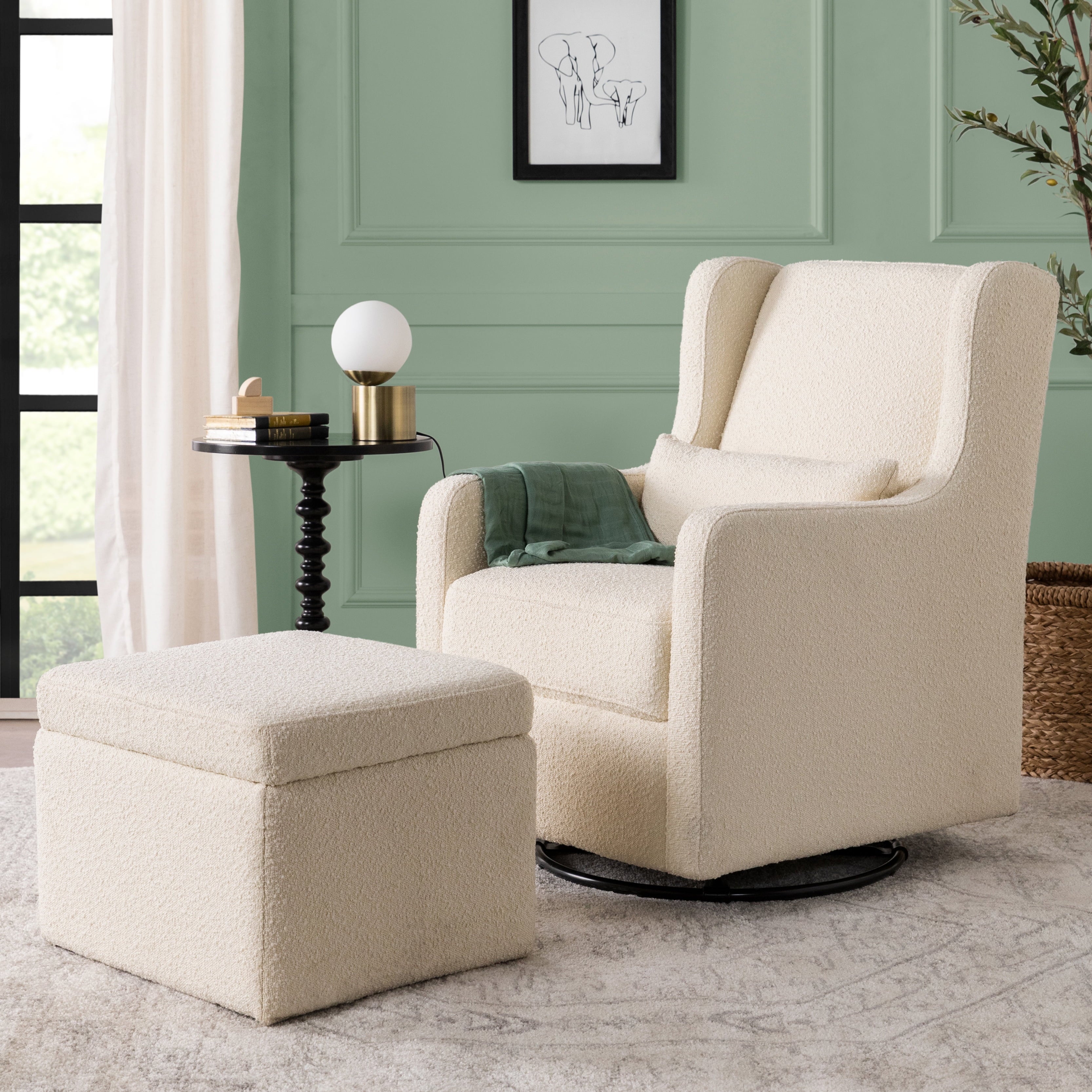 Adrian Swivel Glider with Storage Ottoman in Ivory Boucle