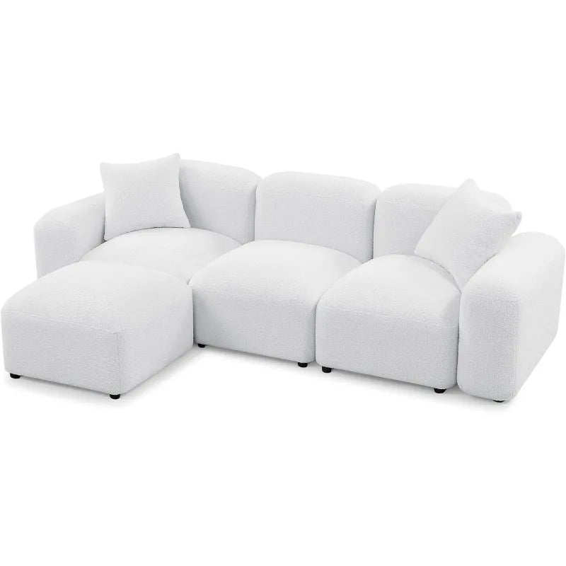 Convertible Modular Sectional Sofa, Boucle Fabric L-Shaped Modern Bubble Couch with Ottoman, 3-Seater Sherpa Teddy Sofas