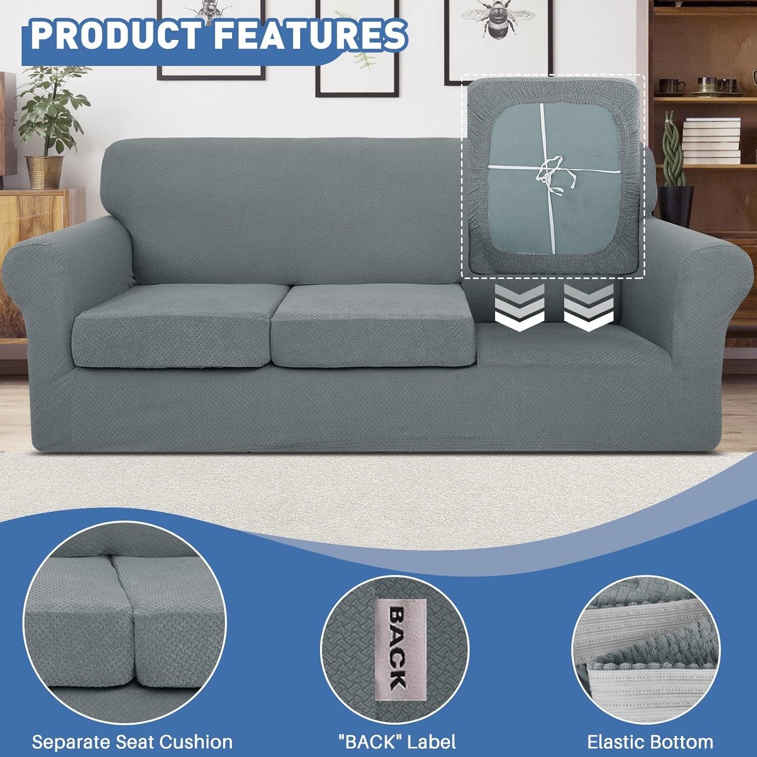 Newest 4 Pieces Couch Covers for 3 Cushion Couch Stretch Sofa Slipcover with 3 Seat Cushion Covers Thick Fitted Couch Cover for Pet Dogs Furniture Protector (Sofa, Light Gray)