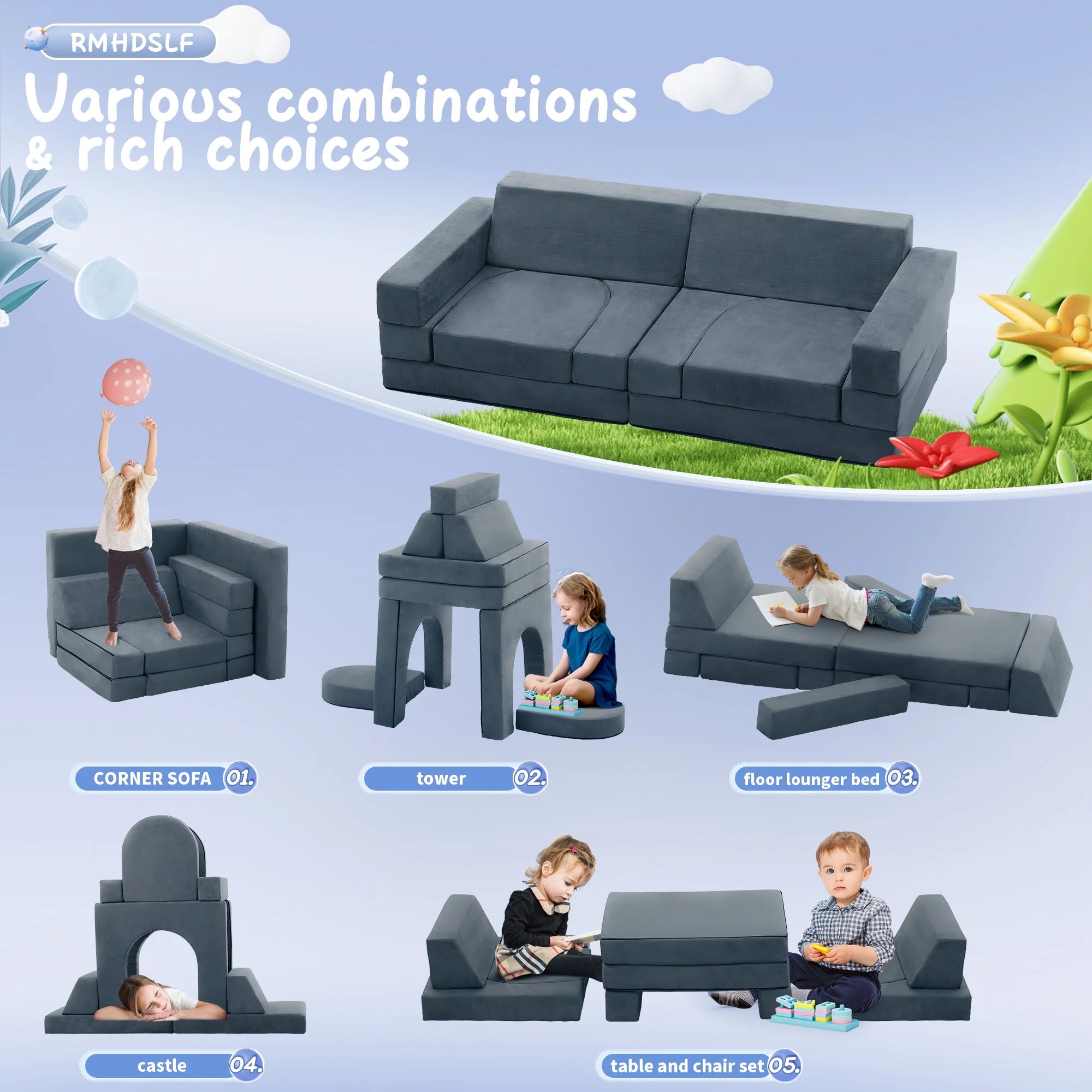 Kids Sofa Couch 9-Pieces, Multifunctional Play Couch Sofa for Kids, Modular Toddler Couch for Playroom, Gift for Kids, Gray