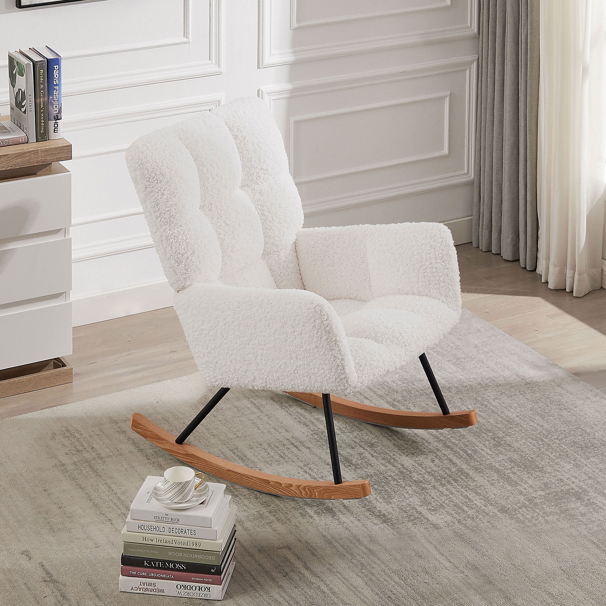 Comfy Upholstered Lounge Rocking Chair with High Backrest, Modern Glider Chair with Soft Seat