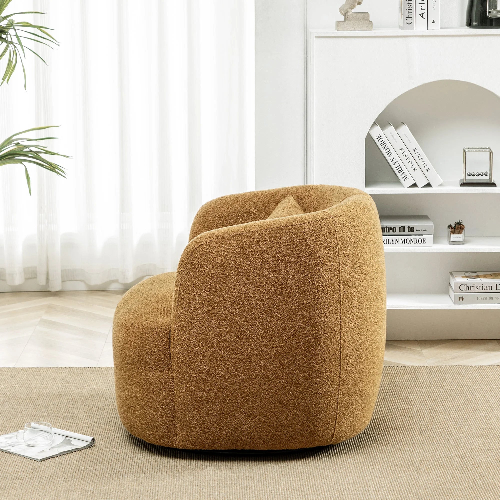 34" Wide Boucle Swivel Barrel Chair, No Assembly round Upholstered Armchair Accent Chair Single Sofa Chair with Toss Pillow for Living Room and Bedroom, Brown