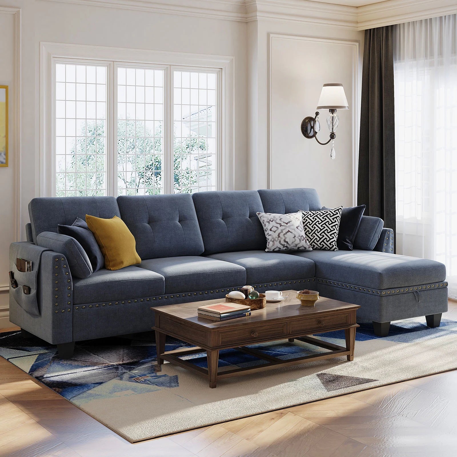 Convertible Sectional Sofa Couch L-Shape Couch with Reversible Chaise 4 Seat Sofa for Apartment Bluish Grey