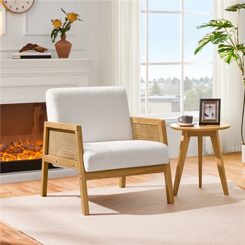 Fabric Upholstered Accent Chair with Rattan Sides,Ivory