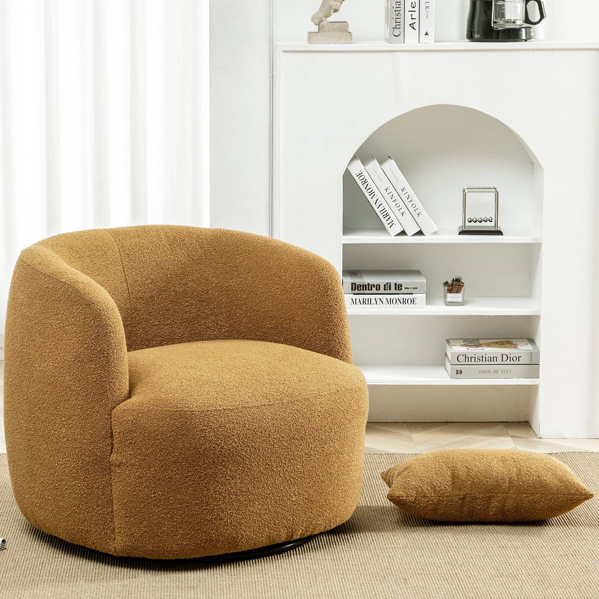 34" Wide Boucle Swivel Barrel Chair, No Assembly round Upholstered Armchair Accent Chair Single Sofa Chair with Toss Pillow for Living Room and Bedroom, Brown