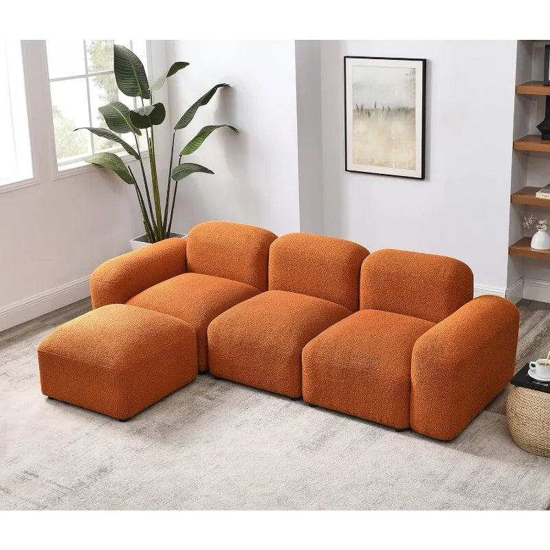 Convertible Modular Sectional Sofa, Boucle Fabric L-Shaped Modern Bubble Couch with Ottoman, 3-Seater Sherpa Teddy Sofas