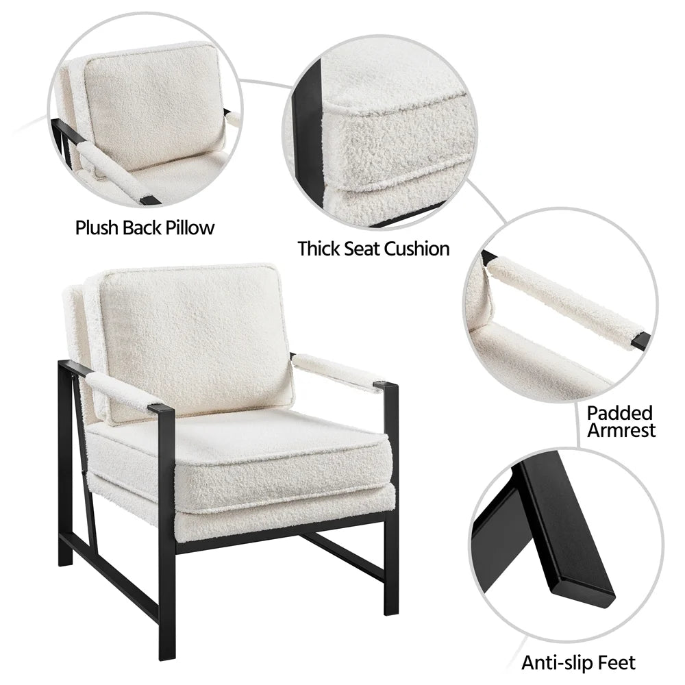 Mid-Century Modern Accent Chair with Metal Frame, Ivory Boucle Fabric