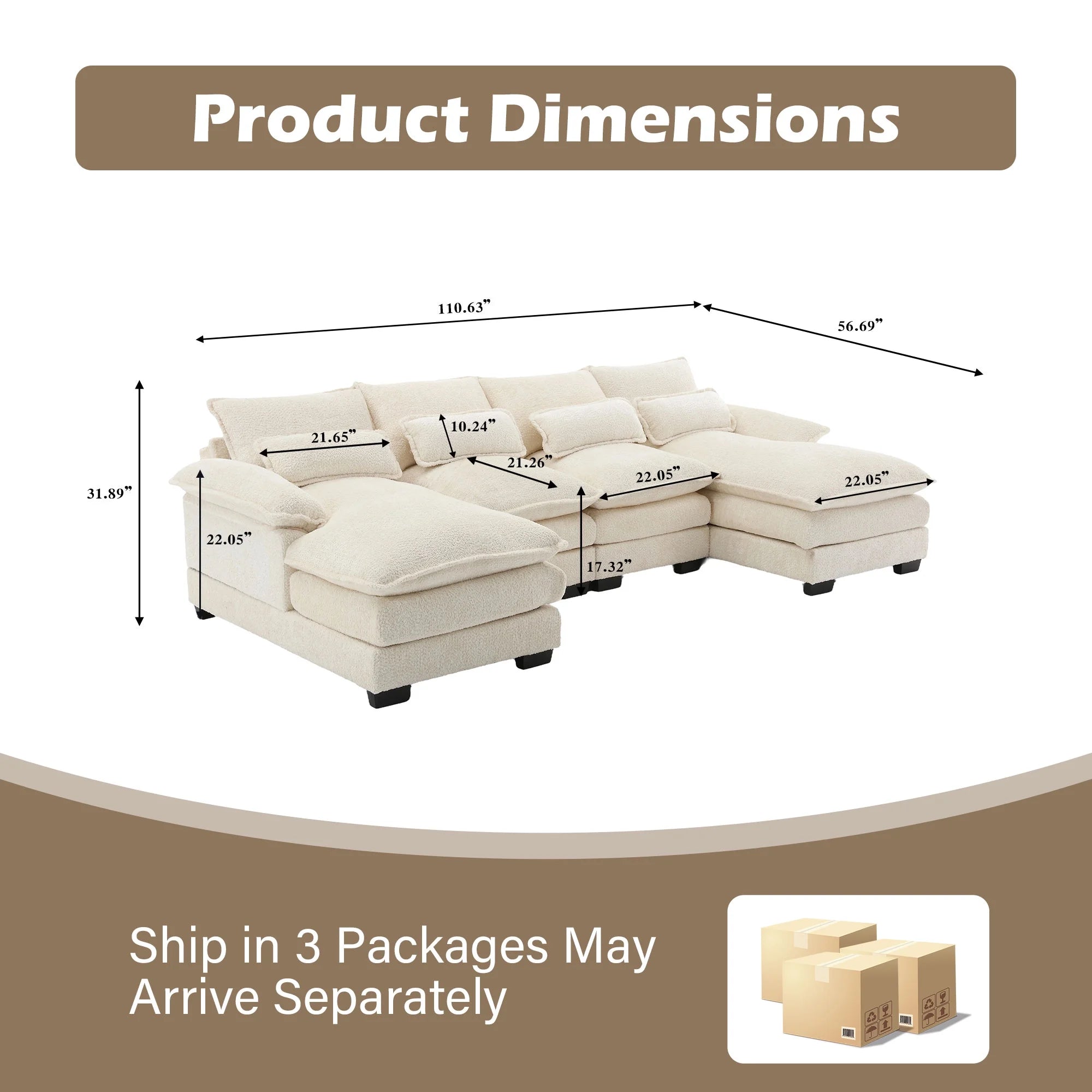 110.63" U Shaped Couch, 4 Seat Sectional with 4 Throw Pillows, Convertible Upholstery Symmetrical Sofã¡,High Dense Memory Foam with Double Chaise Lounge &Memory Foam for Living Room, Beige