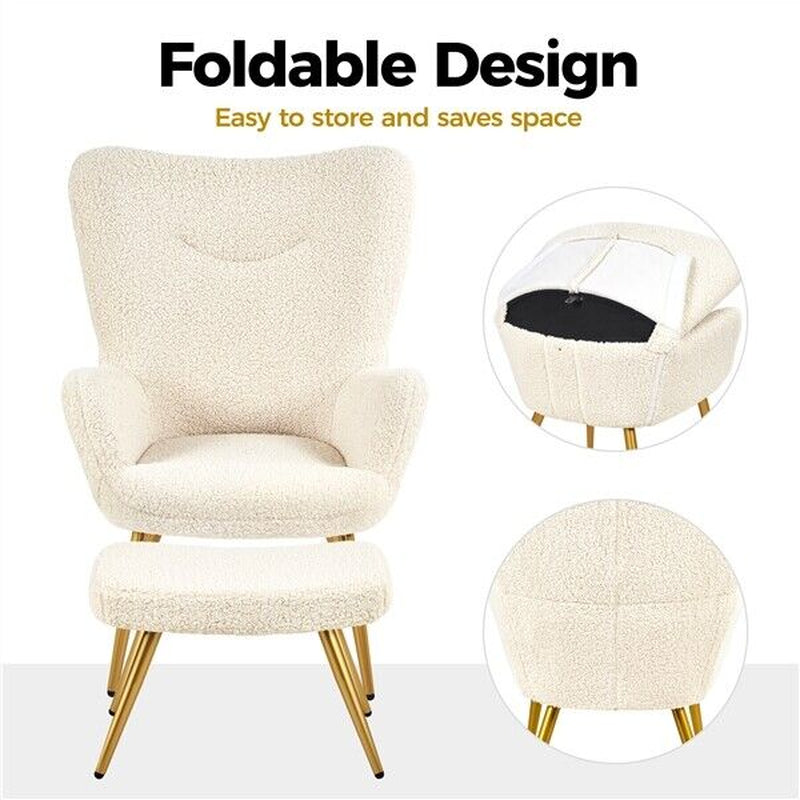 Boucle Accent Chair with Ottoman, Fabric Armchair with Footstool for Living Room