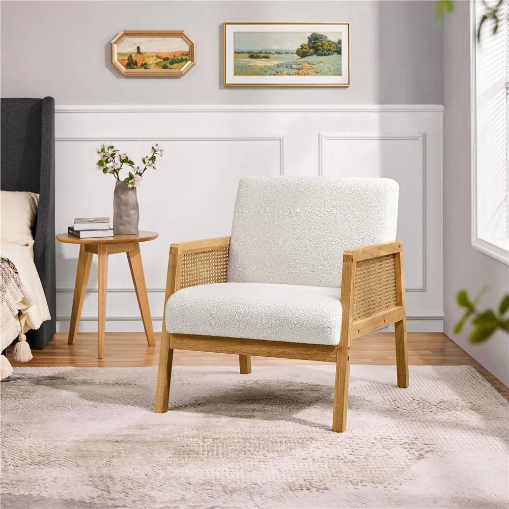 Fabric Upholstered Accent Chair with Rattan Sides,Ivory