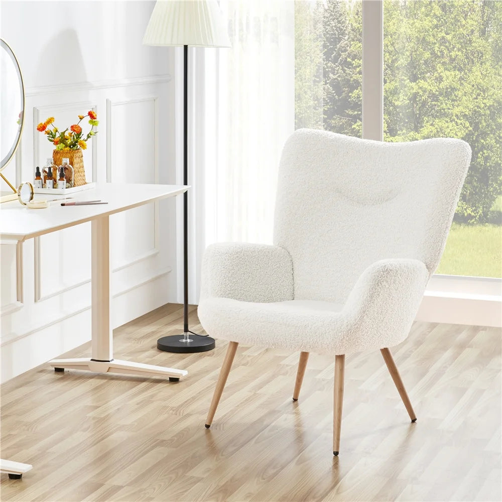 Boucle Fabric Accent Chair with Tufted High Back, White