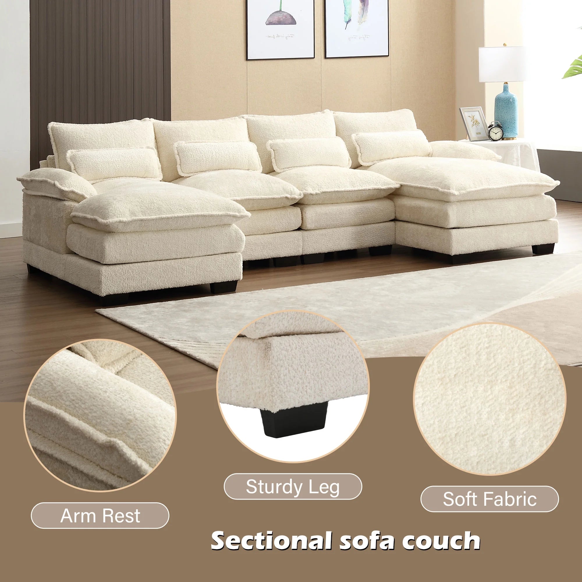 110.63" U Shaped Couch, 4 Seat Sectional with 4 Throw Pillows, Convertible Upholstery Symmetrical Sofã¡,High Dense Memory Foam with Double Chaise Lounge &Memory Foam for Living Room, Beige