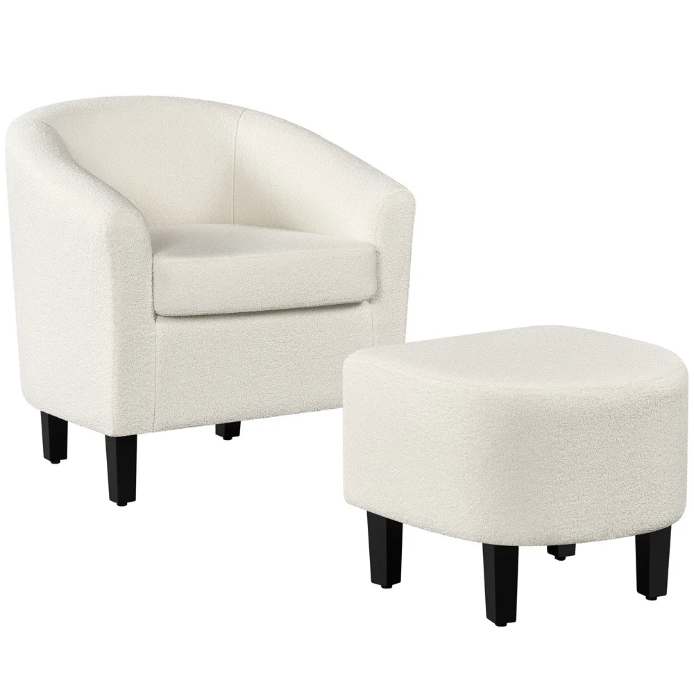 Barrel Accent Chair with Ottoman, Ivory Boucle Fabric