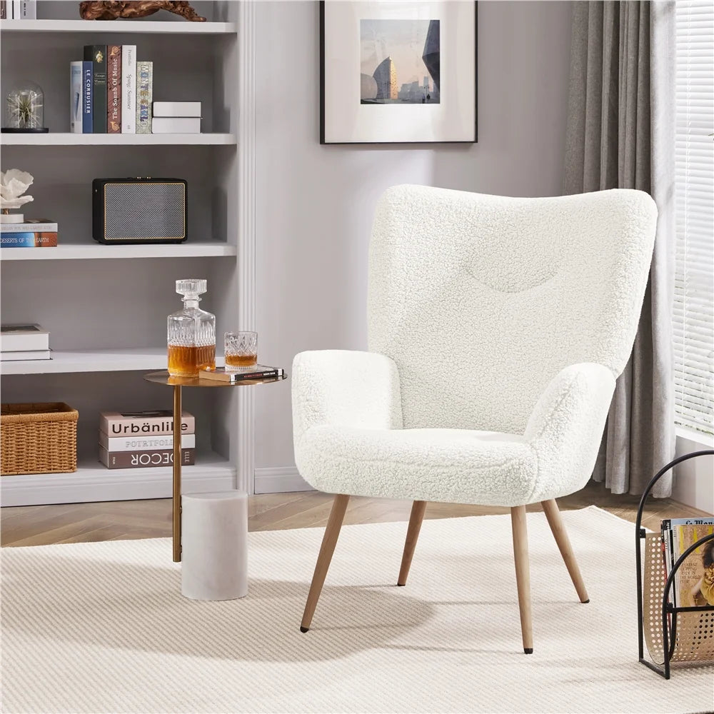 Boucle Fabric Accent Chair with Tufted High Back, White