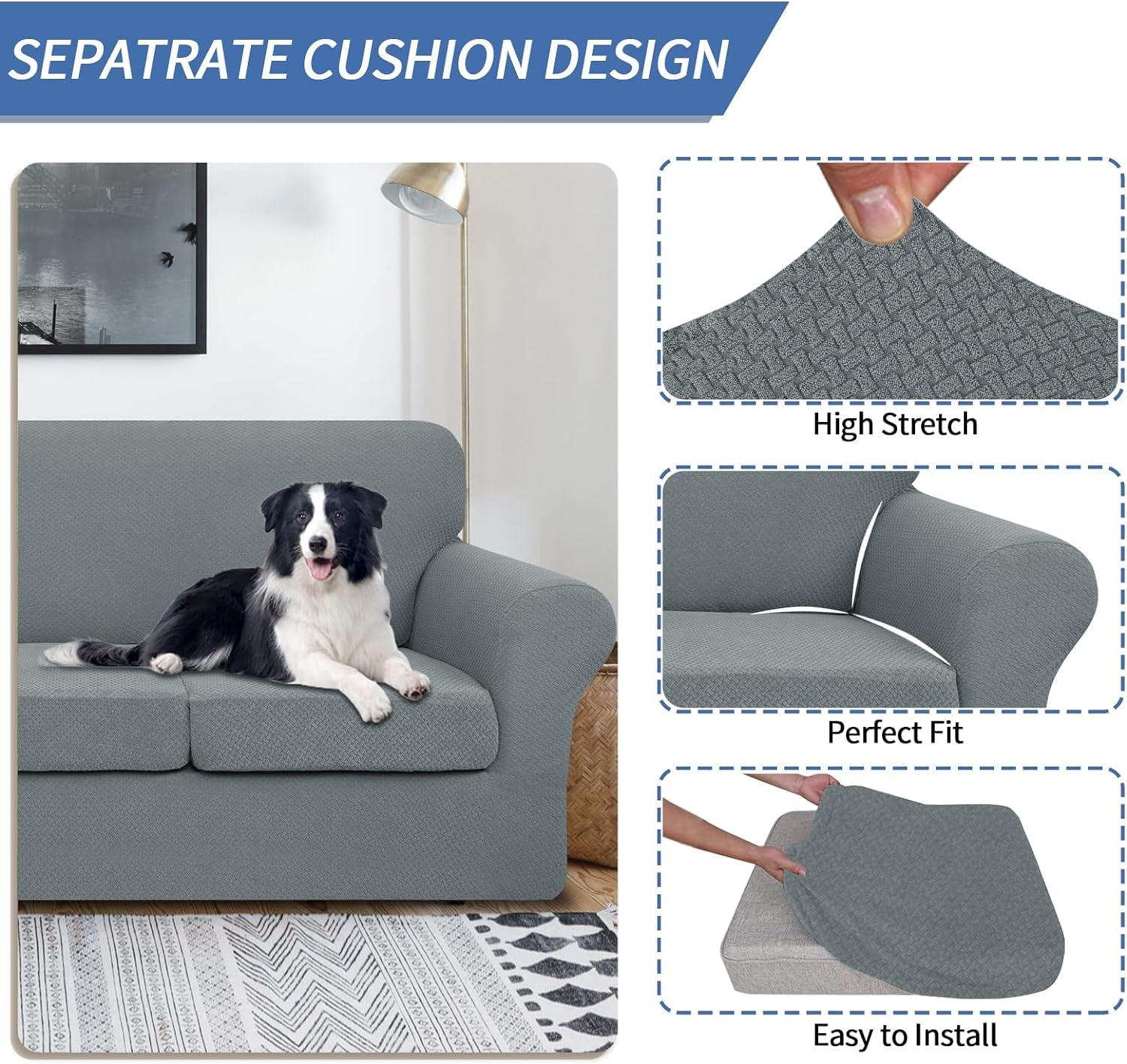 Newest 4 Pieces Couch Covers for 3 Cushion Couch Stretch Sofa Slipcover with 3 Seat Cushion Covers Thick Fitted Couch Cover for Pet Dogs Furniture Protector (Sofa, Light Gray)