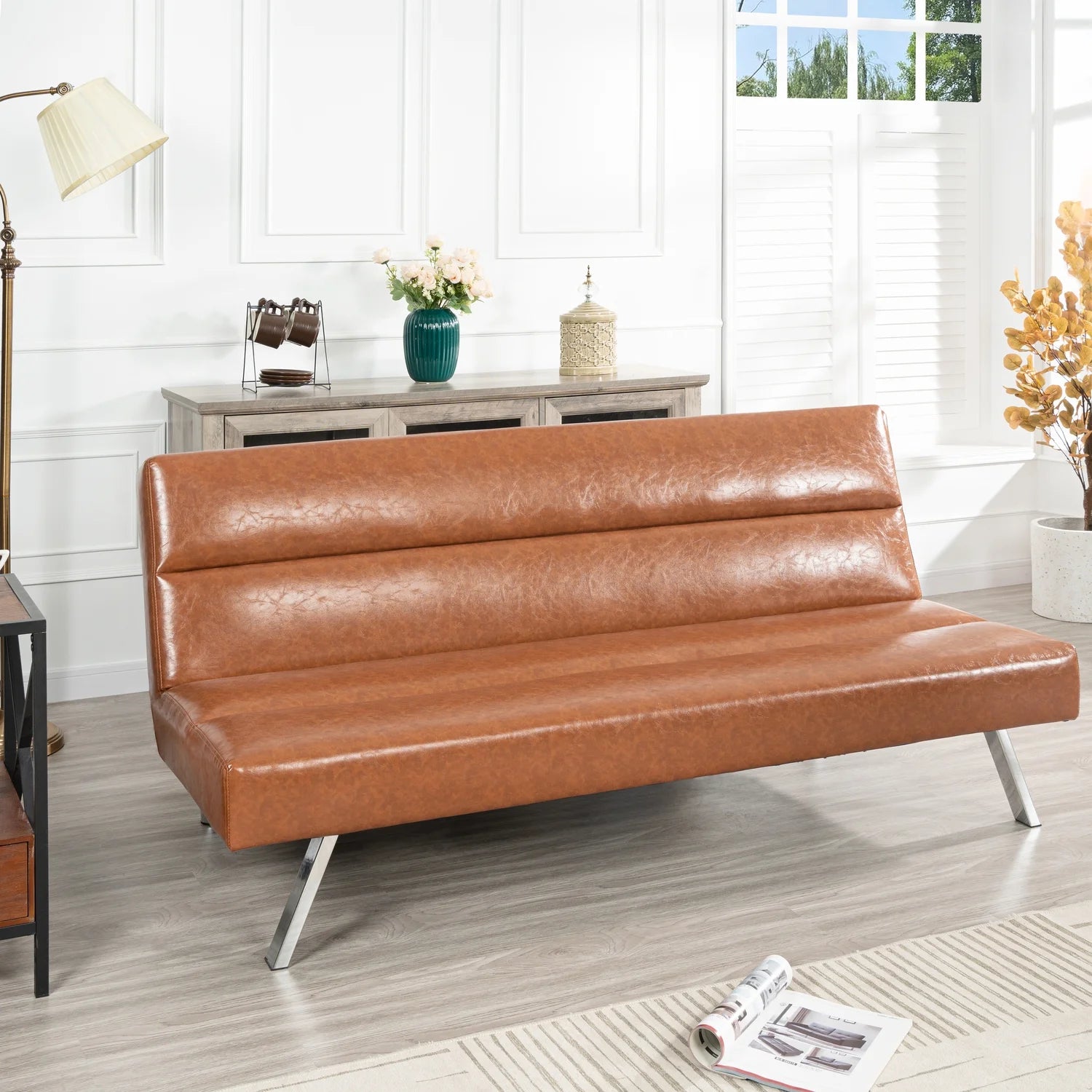 Faux Leather Futon Couch, Modern Convertible Folding Sofa Bed Couch Futon Sofa Bed with Chrome Legs, Reclining Mini Couch, Leather Futon Small Couch for Bedroom Living Room- Caramel