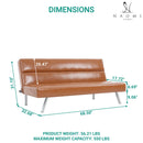 Faux Leather Futon Couch, Modern Convertible Folding Sofa Bed Couch Futon Sofa Bed with Chrome Legs, Reclining Mini Couch, Leather Futon Small Couch for Bedroom Living Room- Caramel