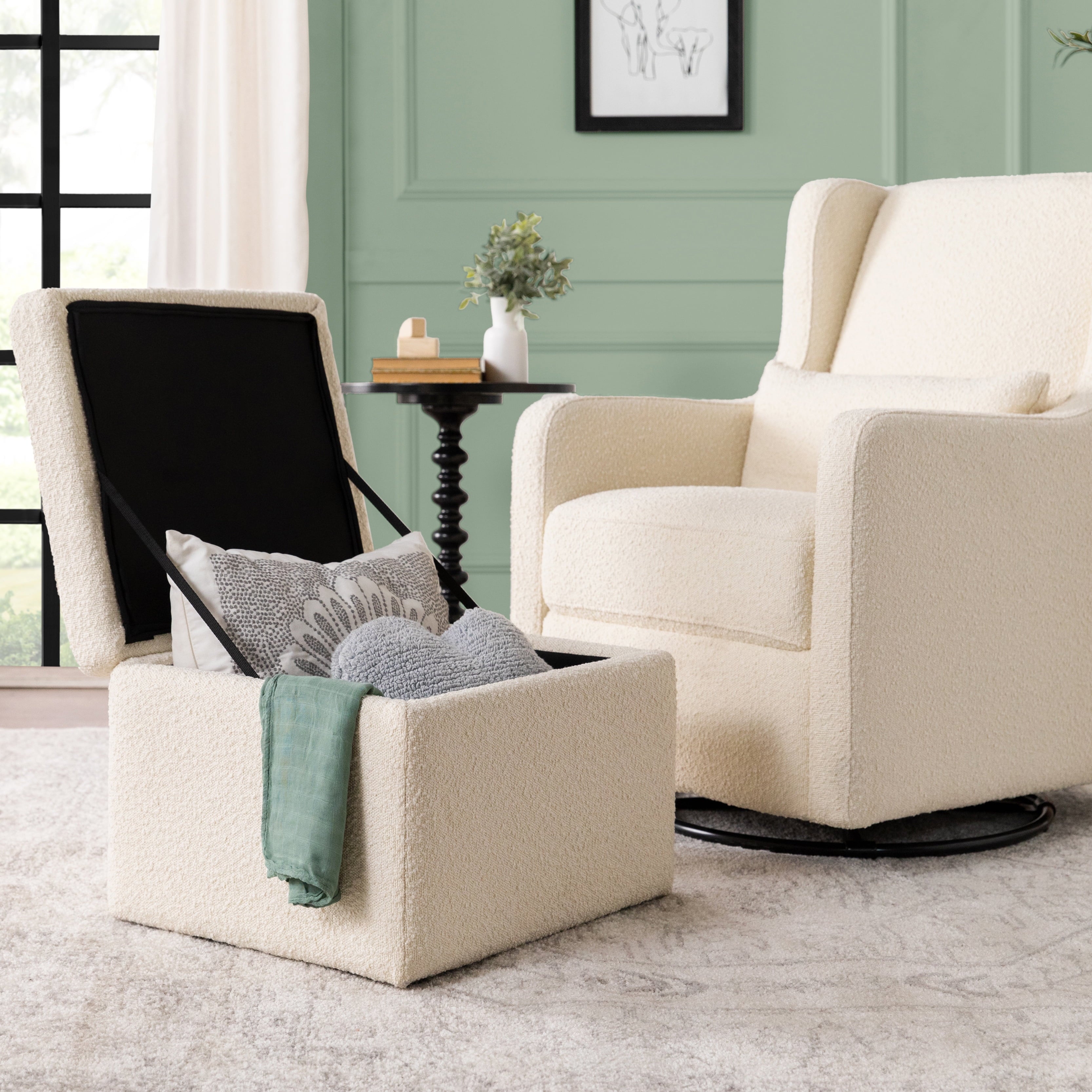 Adrian Swivel Glider with Storage Ottoman in Ivory Boucle