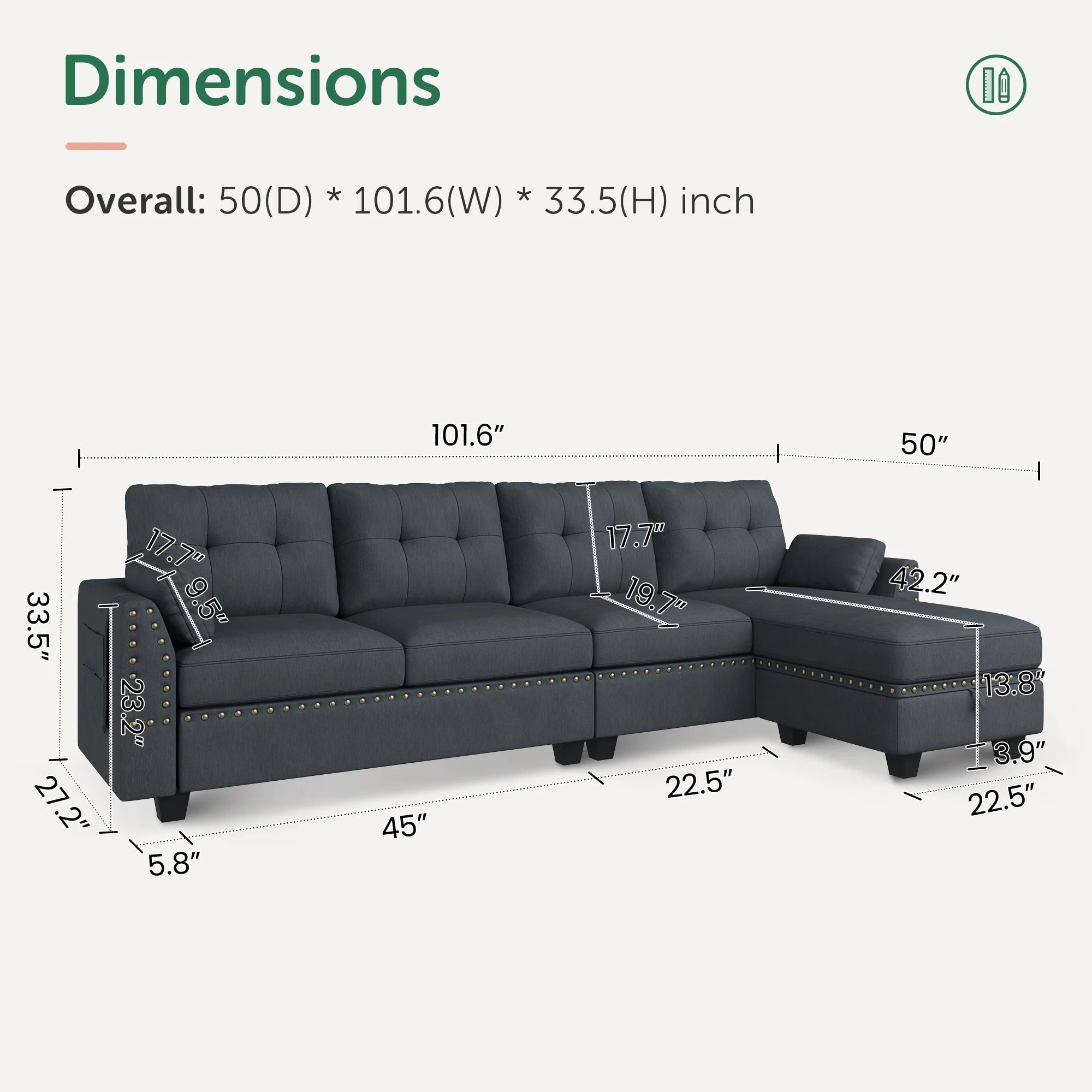 Convertible Sectional Sofa Couch L-Shape Couch with Reversible Chaise 4 Seat Sofa for Apartment Bluish Grey