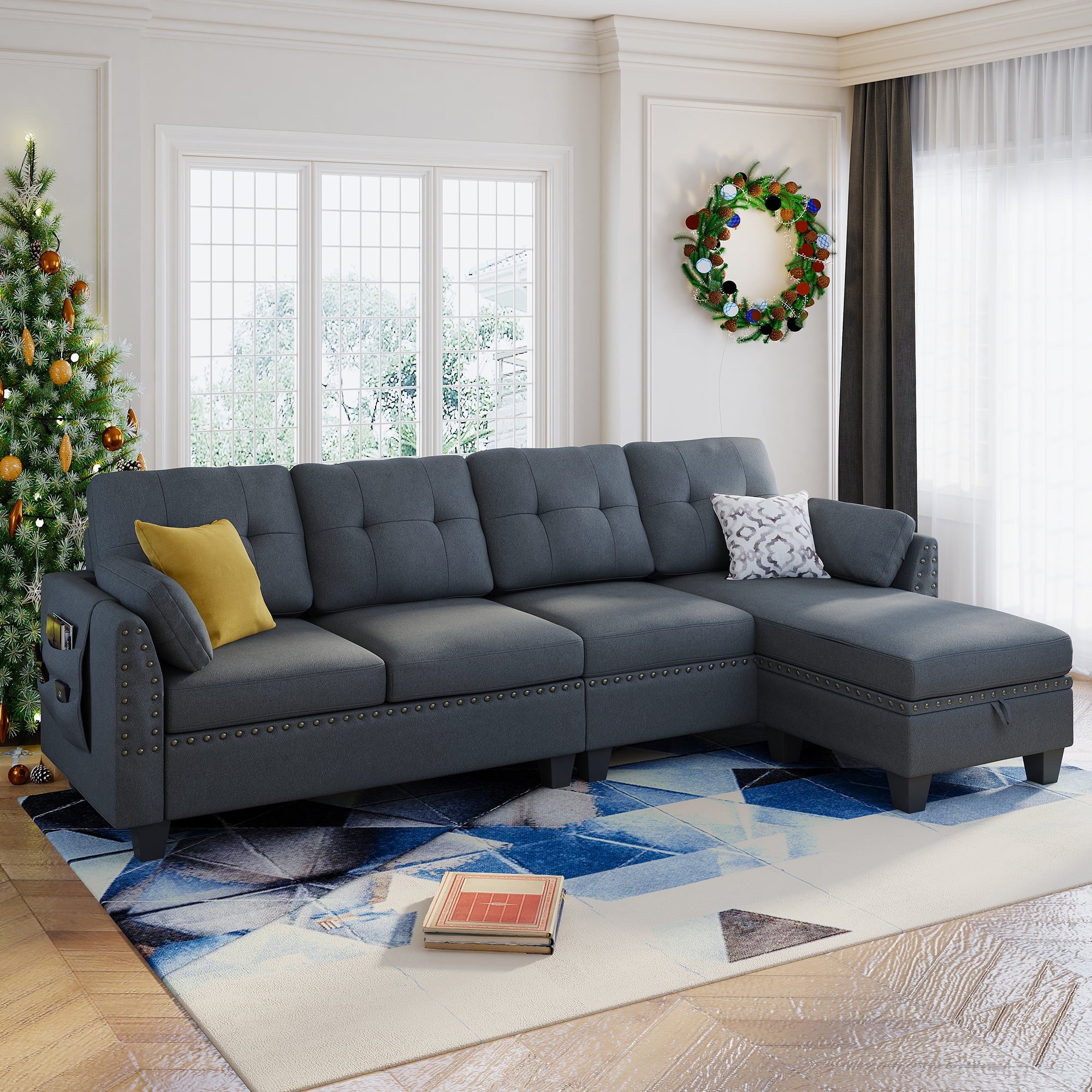 Convertible Sectional Sofa Couch L-Shape Couch with Reversible Chaise 4 Seat Sofa for Apartment Bluish Grey